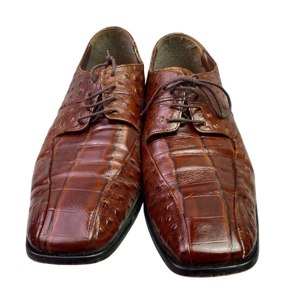 Stacy Adams Shoes Mens 13M Brown‎ Leather Ostrich Embossed Square Toe Oxford
